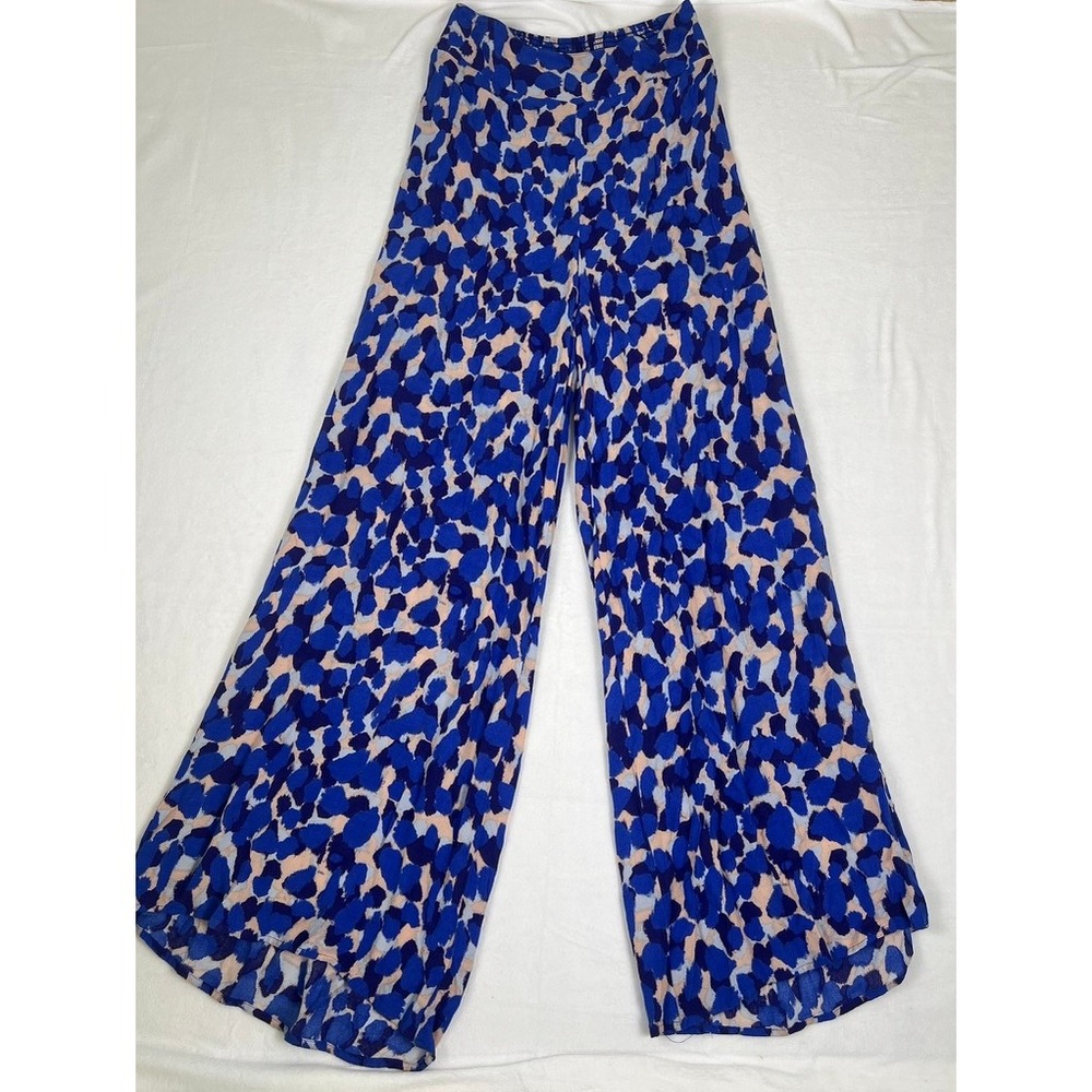 Wm Med Blue Leopard Print Wide Leg Pants High Waist Abstract Animal Y2K Boho 00s